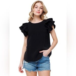 REVIVAL DOUBLE RUFFLE BLACK SHORT SLEEVE TOP